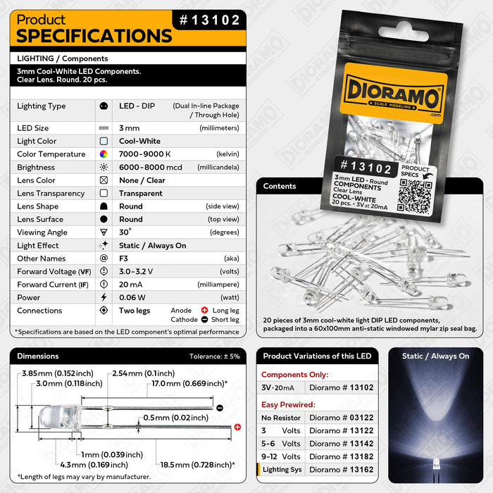 3mm Cool-White LED Components. Clear Lens. Round. 20 pcs.