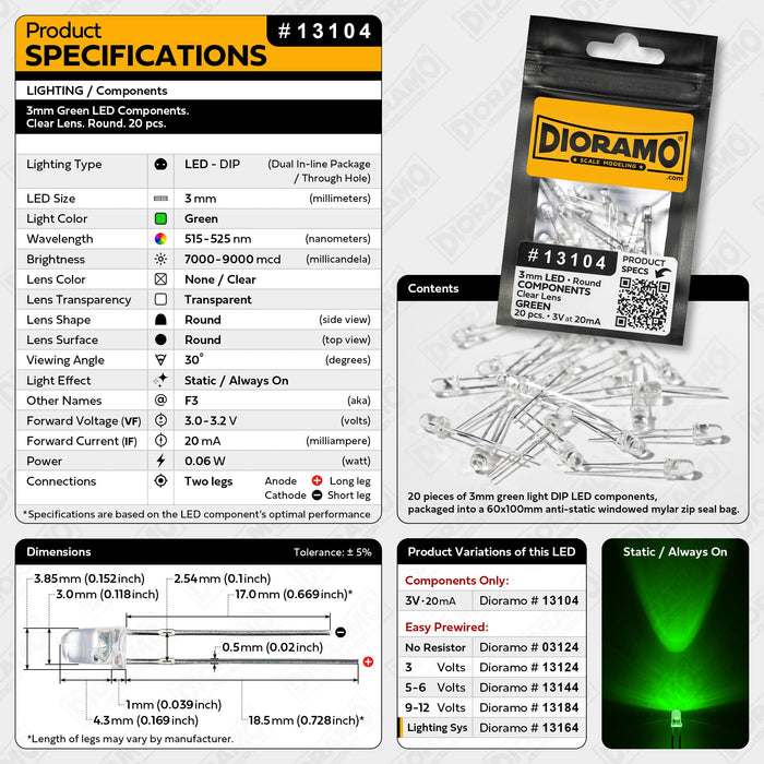 3mm Green LED Components. Clear Lens. Round. 20 pcs.