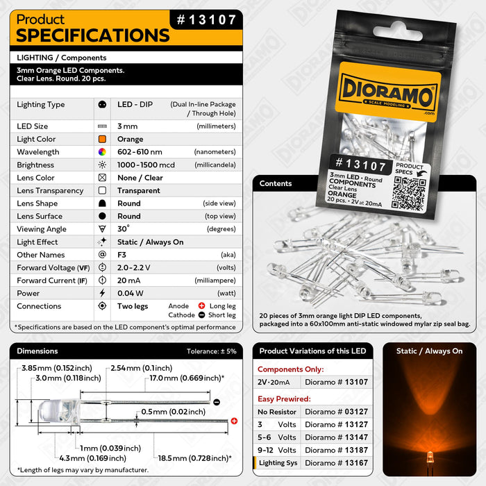 3mm Orange LED Components. Clear Lens. Round. 20 pcs.