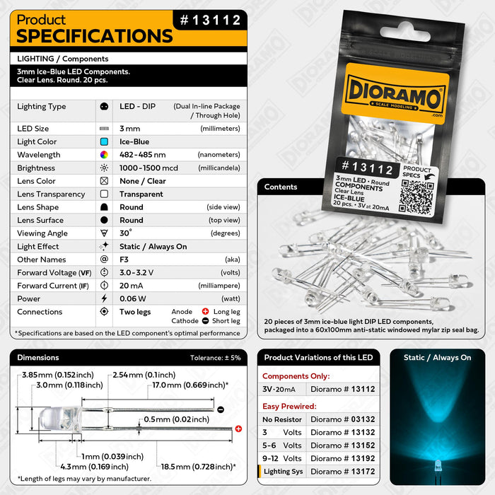 3mm Ice-Blue LED Components. Clear Lens. Round. 20 pcs.