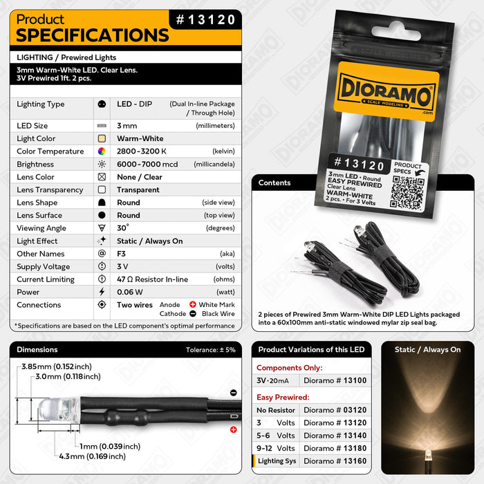 3mm Warm-White LED. Clear Lens. 3V Prewired 1ft. 2 pcs.