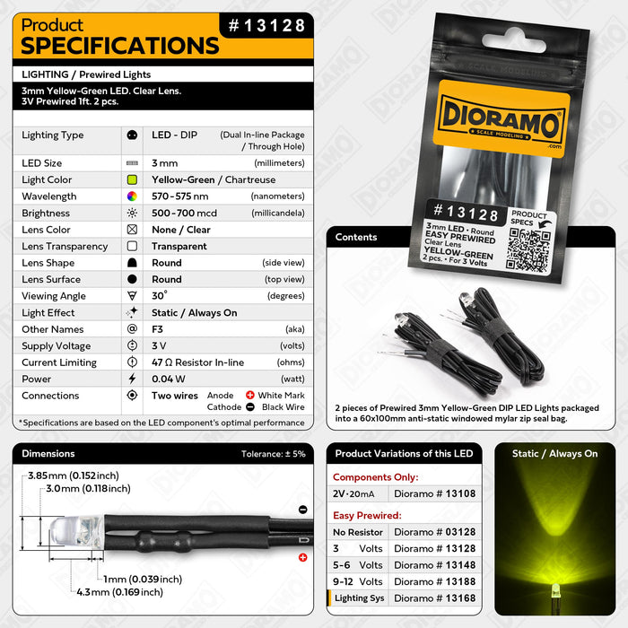 3mm Yellow-Green LED. Clear Lens. 3V Prewired 1ft. 2 pcs.