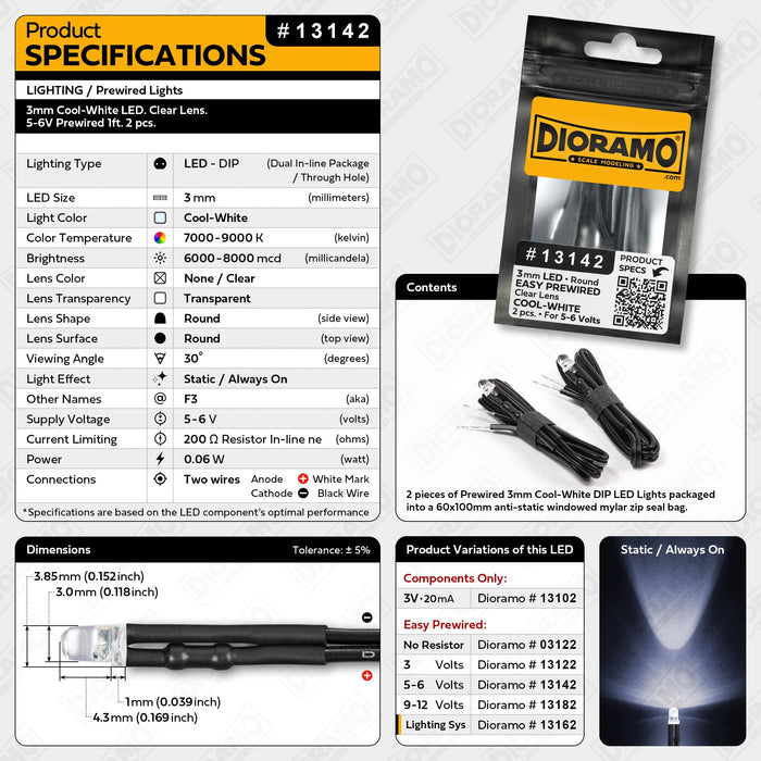 3mm Cool-White LED. Clear Lens. 5-6V Prewired 1ft. 2 pcs.