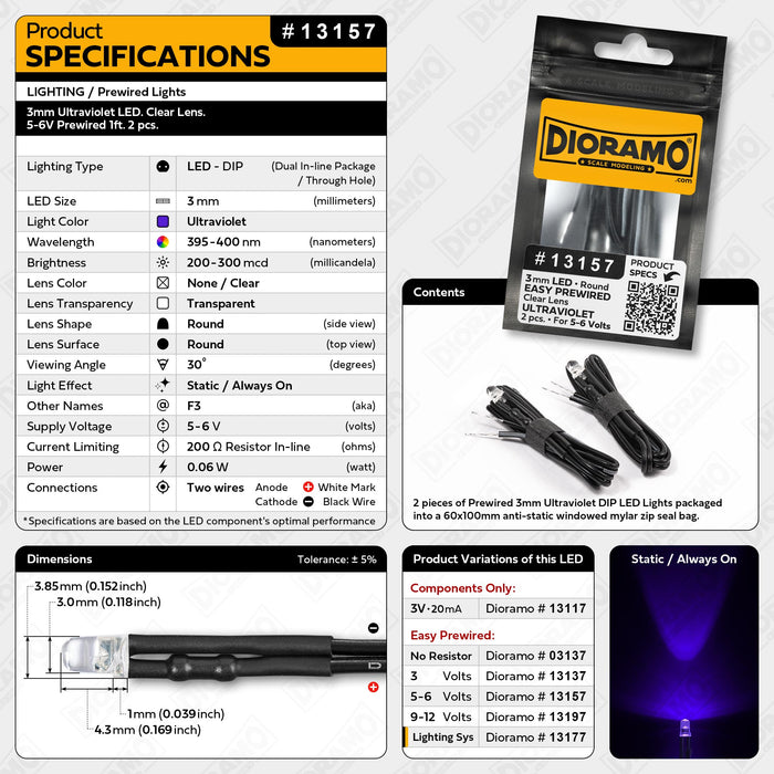 3mm Ultraviolet LED. Clear Lens. 5-6V Prewired 1ft. 2 pcs.