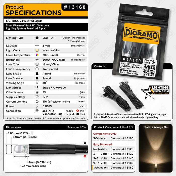 3mm Warm-White LED. Clear Lens. Lighting System Prewired. 2 pcs.