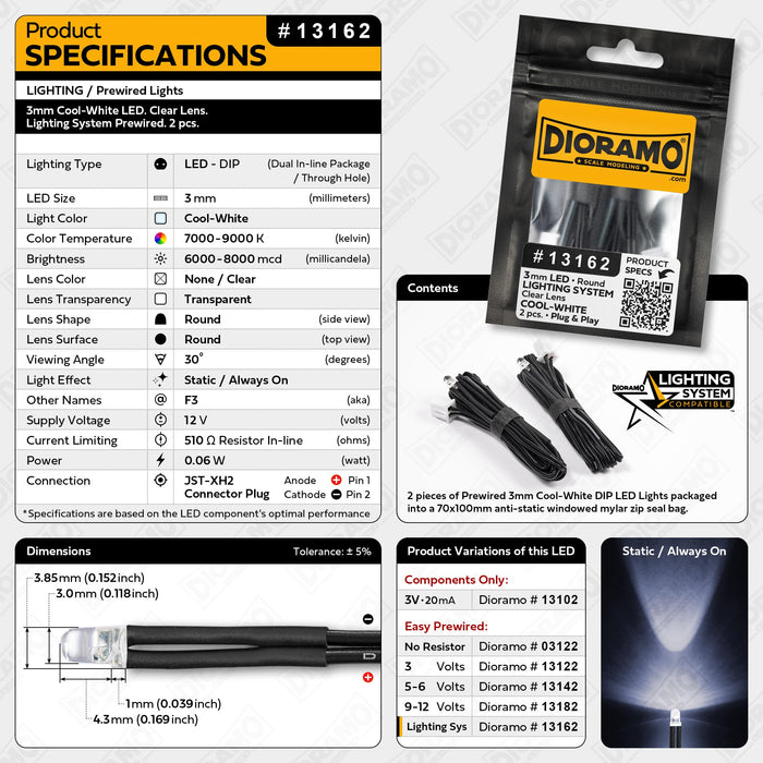 3mm Cool-White LED. Clear Lens. Lighting System Prewired. 2 pcs.