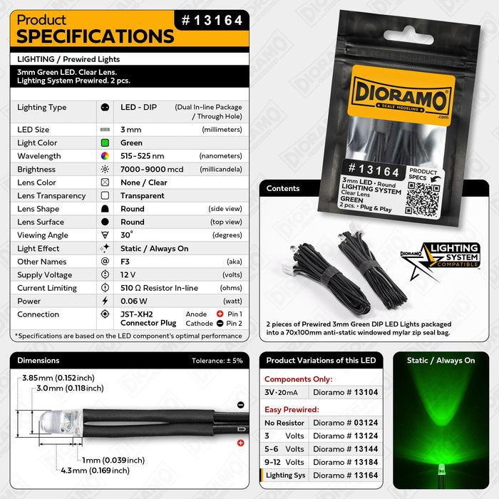 3mm Green LED. Clear Lens. Lighting System Prewired. 2 pcs.