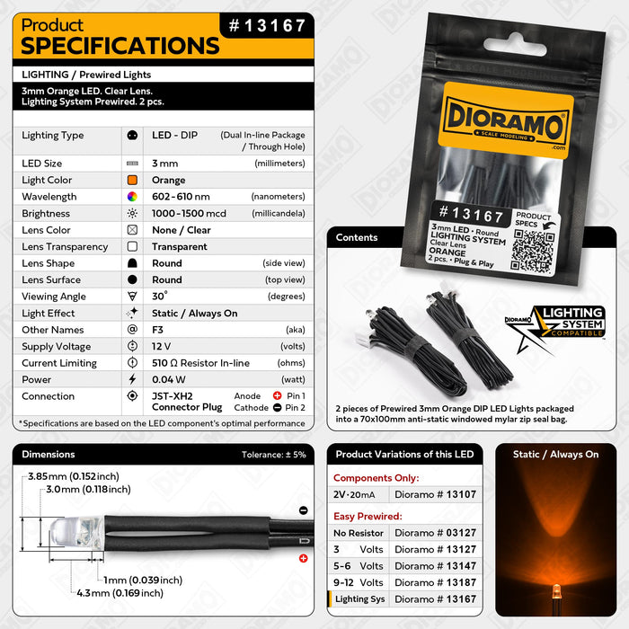 3mm Orange LED. Clear Lens. Lighting System Prewired. 2 pcs.