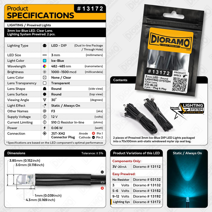 3mm Ice-Blue LED. Clear Lens. Lighting System Prewired. 2 pcs.