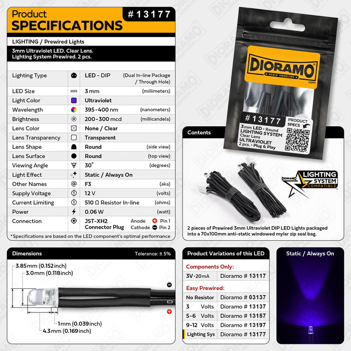 3mm Ultraviolet LED. Clear Lens. Lighting System Prewired. 2 pcs.