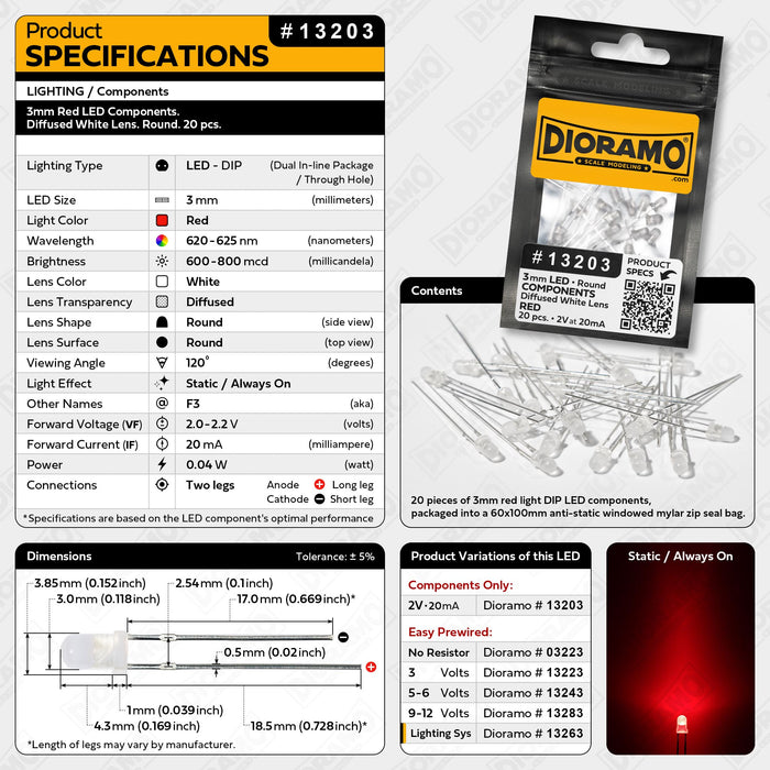 3mm Red LED Components. Diffused White Lens. Round. 20 pcs.