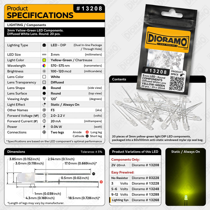 3mm Yellow-Green LED Components. Diffused White Lens. Round. 20 pcs.