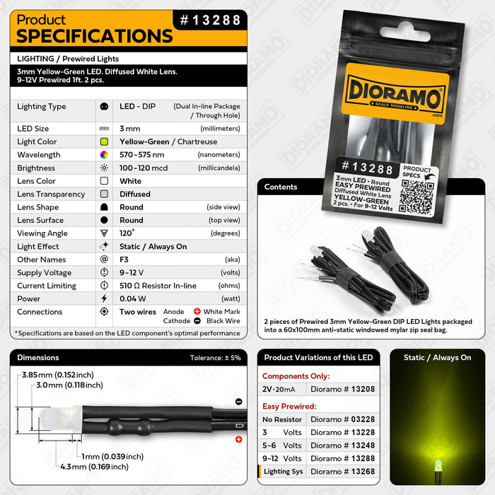 3mm Yellow-Green LED. Diffused White Lens. 9-12V Prewired 1ft. 2 pcs.