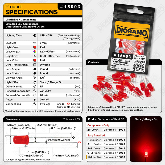5mm Red LED Components. Diffused Red Lens. Round. 20 pcs.