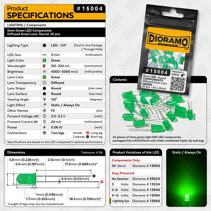 5mm Green LED Components. Diffused Green Lens. Round. 20 pcs.