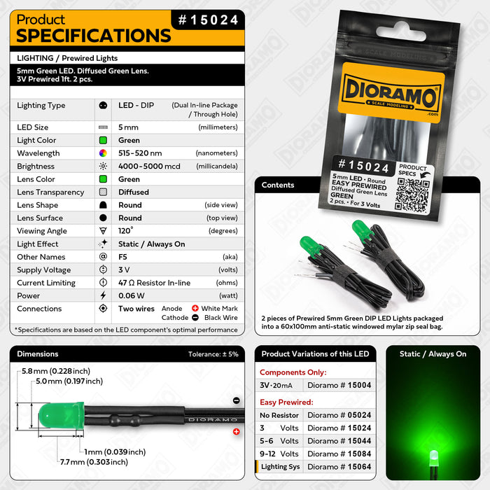 5mm Green LED. Diffused Green Lens. 3V Prewired 1ft. 2 pcs.