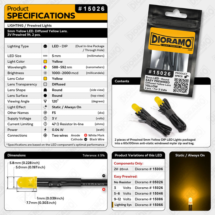 5mm Yellow LED. Diffused Yellow Lens. 3V Prewired 1ft. 2 pcs.