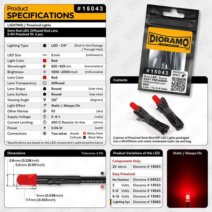 5mm Red LED. Diffused Red Lens. 5-6V Prewired 1ft. 2 pcs.