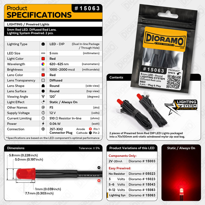5mm Red LED. Diffused Red Lens. Lighting System Prewired. 2 pcs.