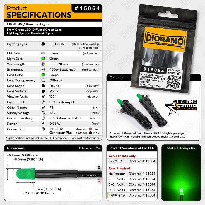 5mm Green LED. Diffused Green Lens. Lighting System Prewired. 2 pcs.