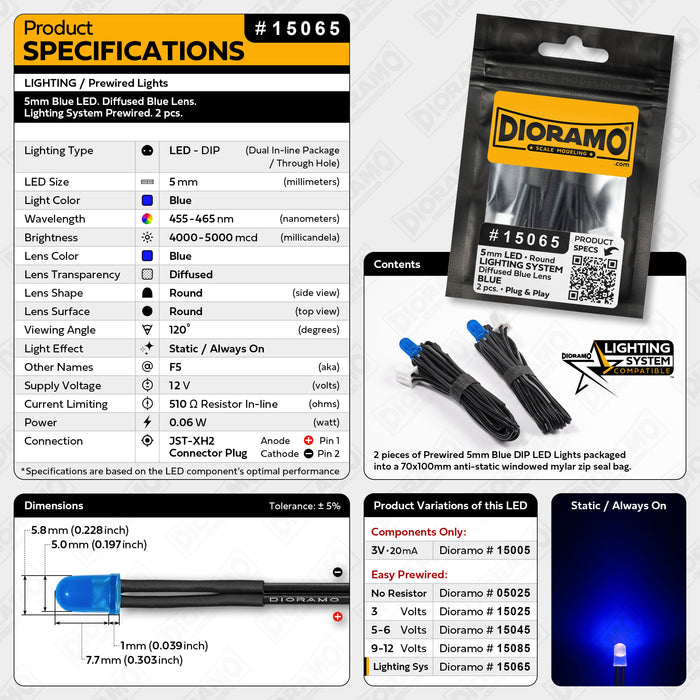 5mm Blue LED. Diffused Blue Lens. Lighting System Prewired. 2 pcs.