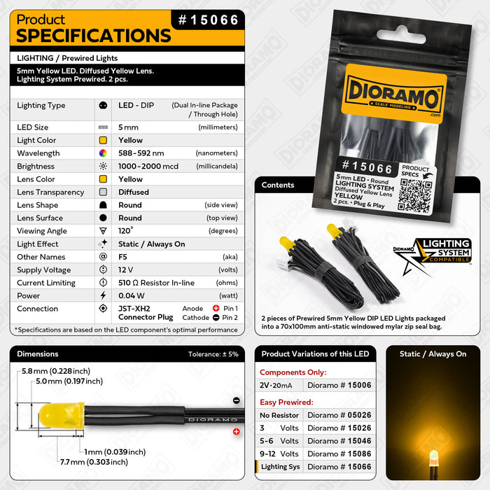 5mm Yellow LED. Diffused Yellow Lens. Lighting System Prewired. 2 pcs.