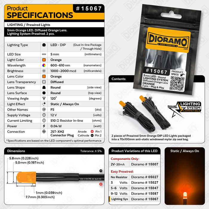 5mm Orange LED. Diffused Orange Lens. Lighting System Prewired. 2 pcs.