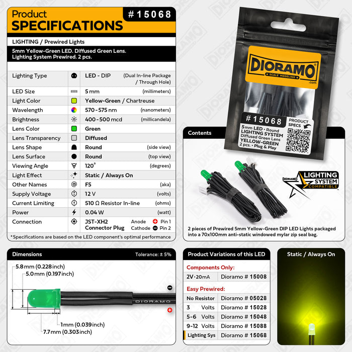 5mm Yellow-Green LED. Diffused Lens. Lighting System Prewired. 2 pcs.