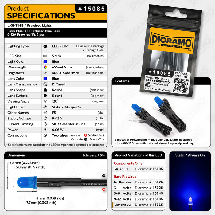 5mm Blue LED. Diffused Blue Lens. 9-12V Prewired 1ft. 2 pcs.