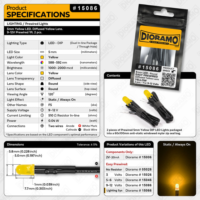 5mm Yellow LED. Diffused Yellow Lens. 9-12V Prewired 1ft. 2 pcs.