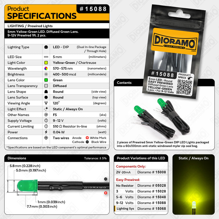 5mm Yellow-Green LED. Diffused Green Lens. 9-12V Prewired 1ft. 2 pcs.