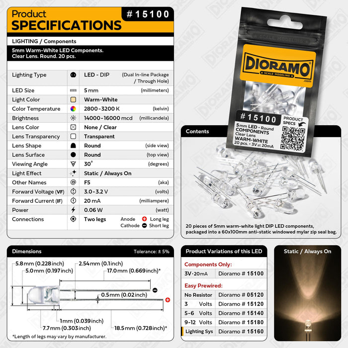 5mm Warm-White LED Components. Clear Lens. Round. 20 pcs.