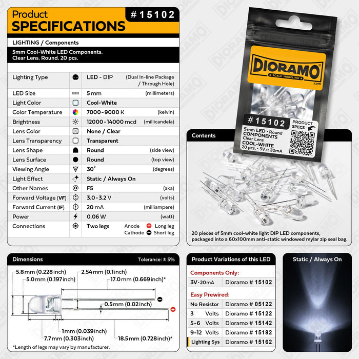 5mm Cool-White LED Components. Clear Lens. Round. 20 pcs.