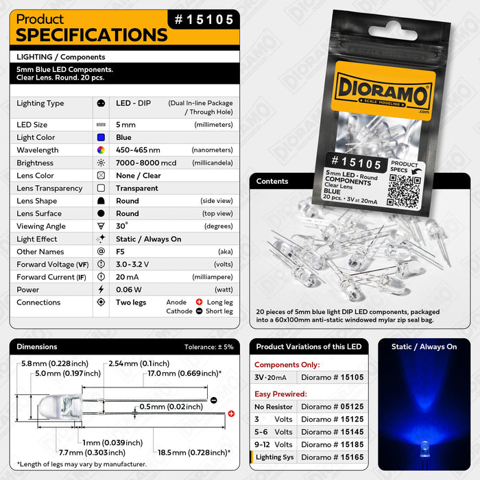5mm Blue LED Components. Clear Lens. Round. 20 pcs.