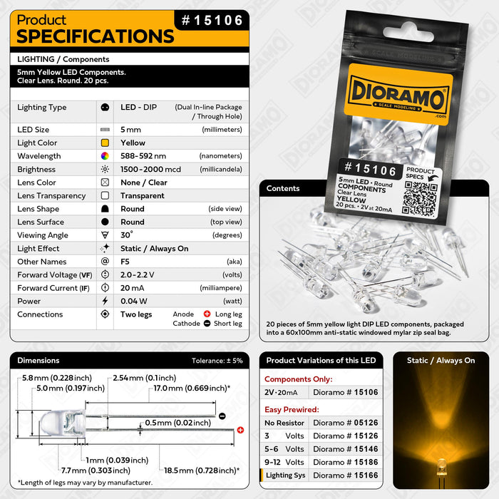 5mm Yellow LED Components. Clear Lens. Round. 20 pcs.