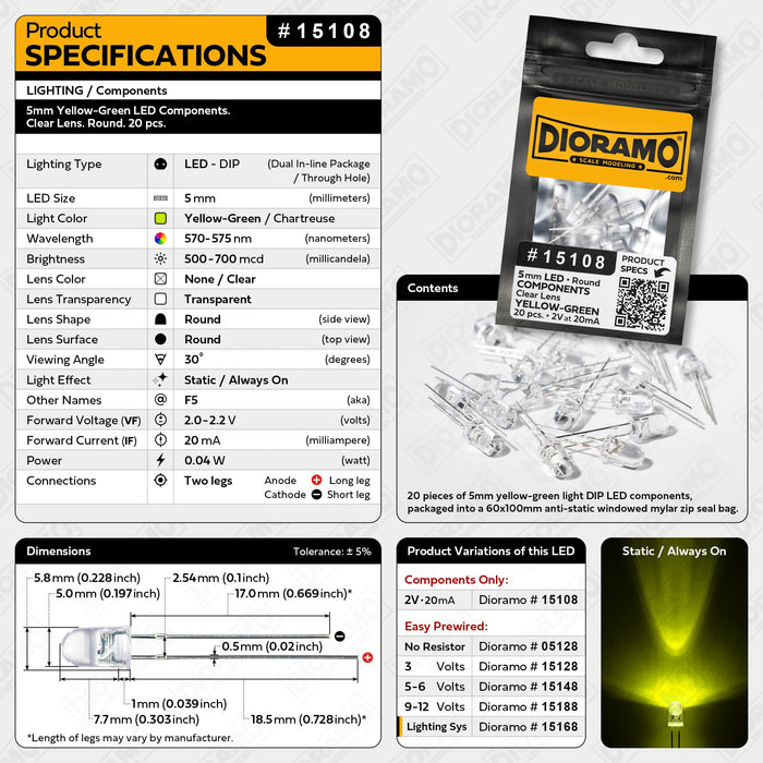 5mm Yellow-Green LED Components. Clear Lens. Round. 20 pcs.