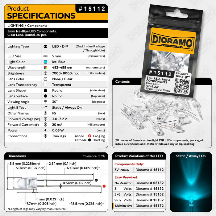 5mm Ice-Blue LED Components. Clear Lens. Round. 20 pcs.