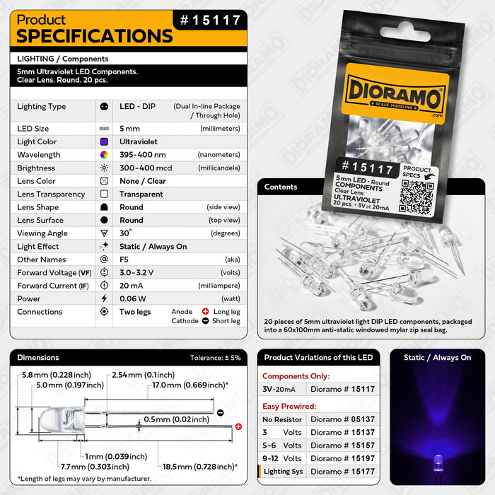5mm Ultraviolet LED Components. Clear Lens. Round. 20 pcs.