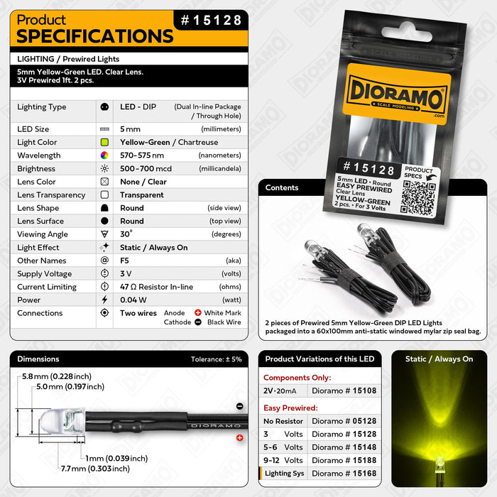 5mm Yellow-Green LED. Clear Lens. 3V Prewired 1ft. 2 pcs.
