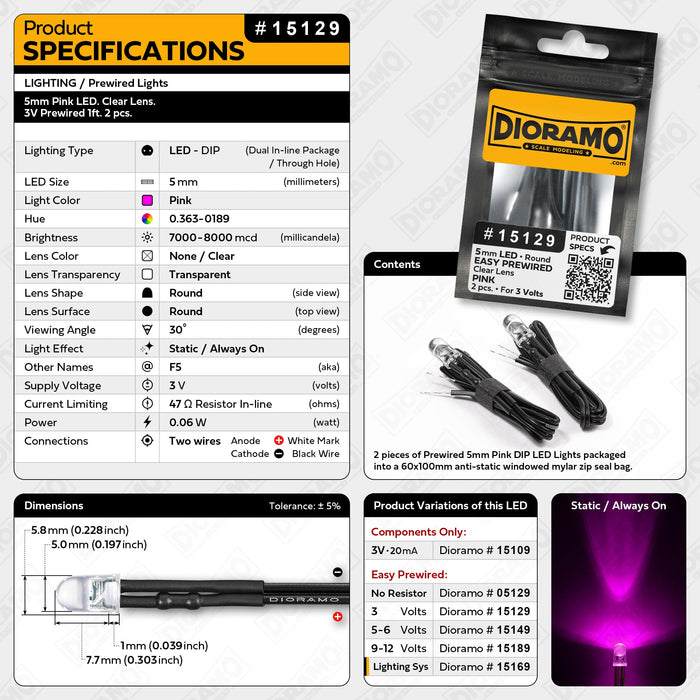 5mm Pink LED. Clear Lens. 3V Prewired 1ft. 2 pcs.
