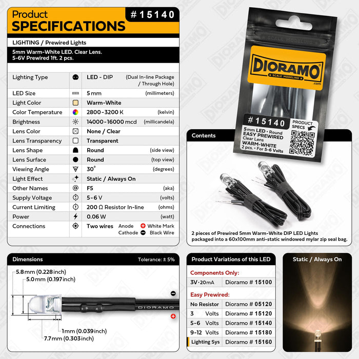 5mm Warm-White LED. Clear Lens. 5-6V Prewired 1ft. 2 pcs.