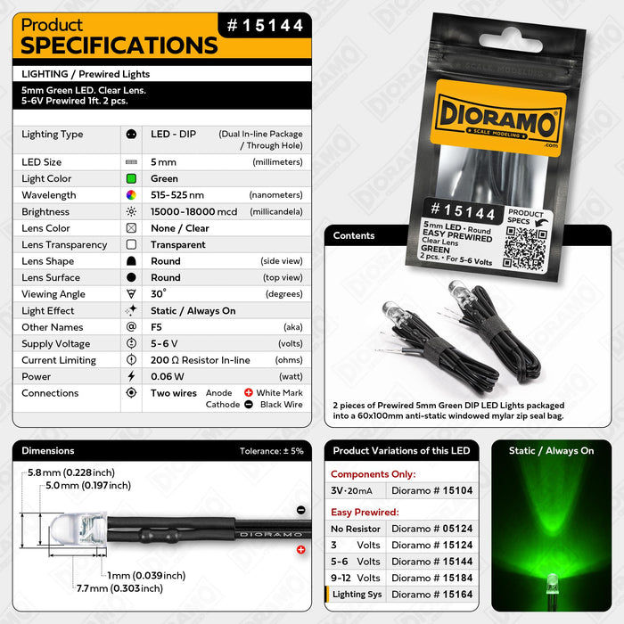 5mm Green LED. Clear Lens. 5-6V Prewired 1ft. 2 pcs.