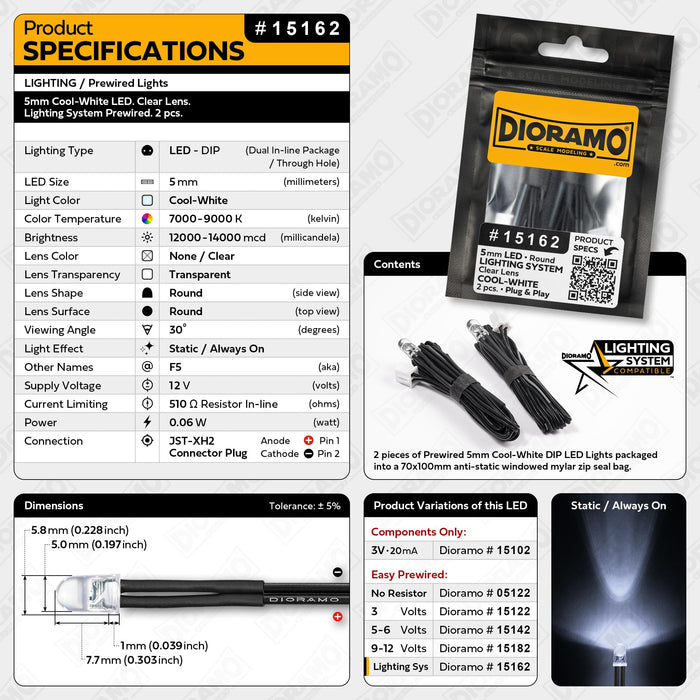 5mm Cool-White LED. Clear Lens. Lighting System Prewired. 2 pcs.