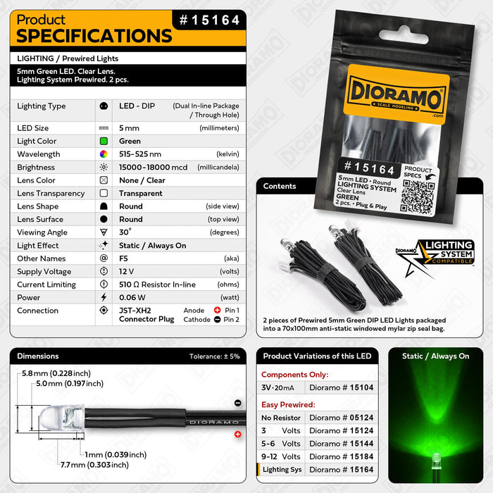 5mm Green LED. Clear Lens. Lighting System Prewired. 2 pcs.
