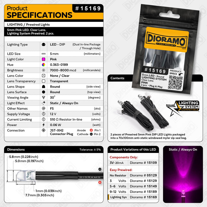 5mm Pink LED. Clear Lens. Lighting System Prewired. 2 pcs.