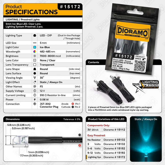 5mm Ice-Blue LED. Clear Lens. Lighting System Prewired. 2 pcs.