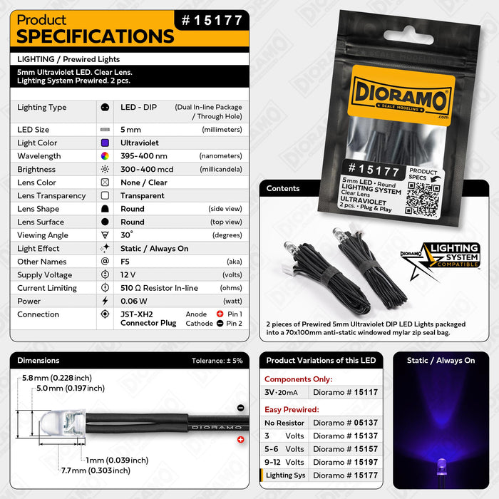 5mm Ultraviolet LED. Clear Lens. Lighting System Prewired. 2 pcs.