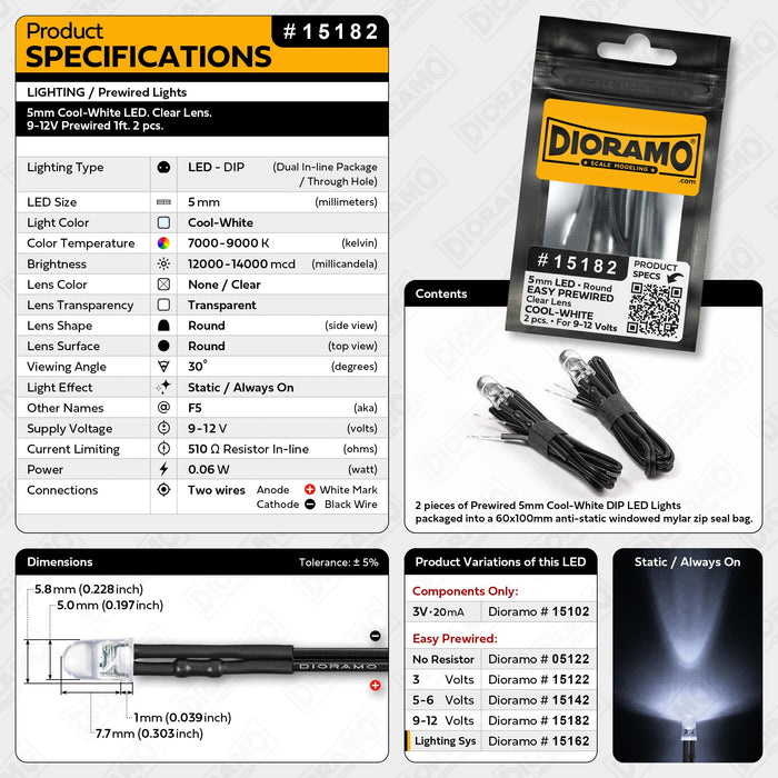 5mm Cool-White LED. Clear Lens. 9-12V Prewired 1ft. 2 pcs.