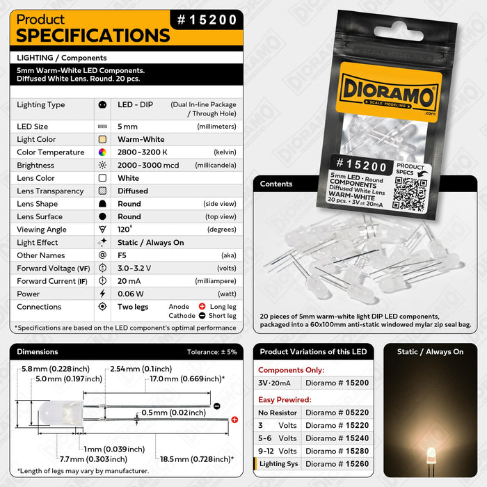 5mm Warm-White LED Components. Diffused White Lens. Round. 20 pcs.