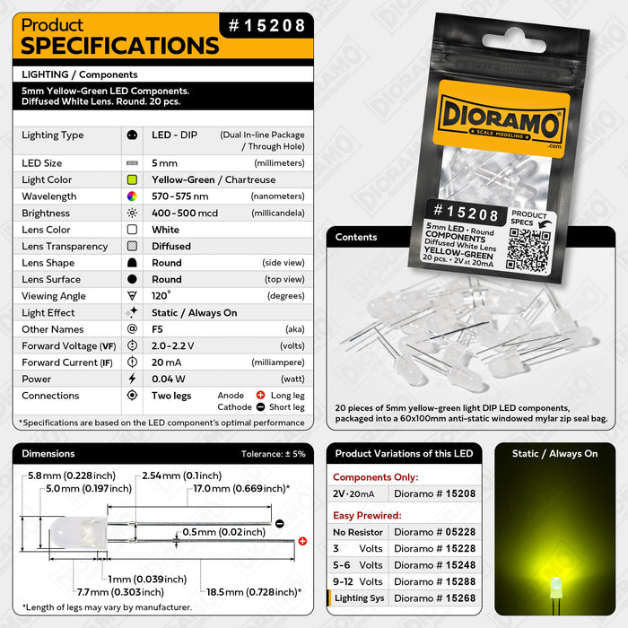 5mm Yellow-Green LED Components. Diffused White Lens. Round. 20 pcs.